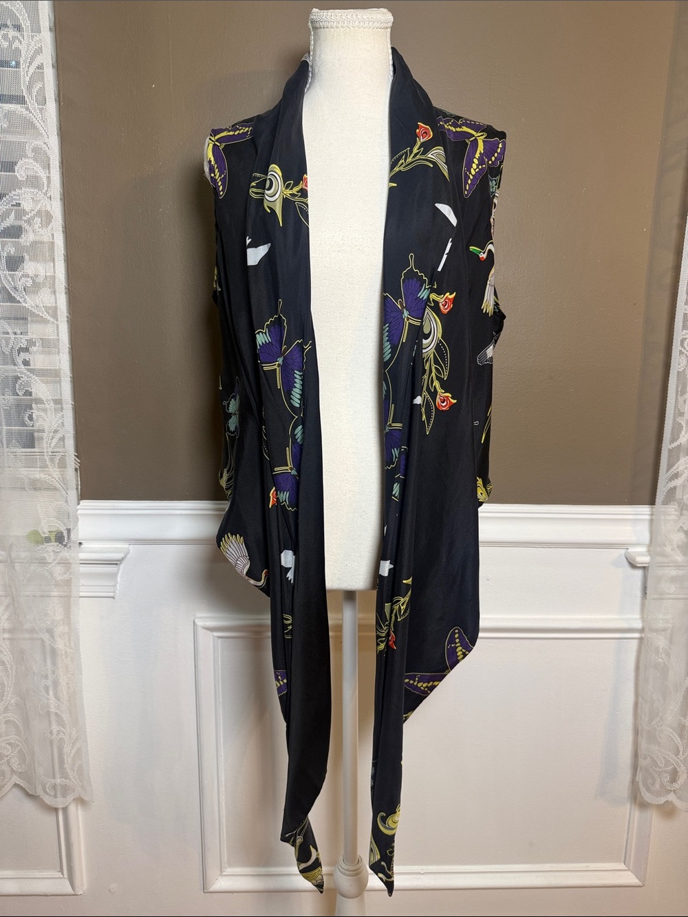 Meghan LA 100% Silk Butterfly & Crane Print Drape Vest XXL Boho Kimono